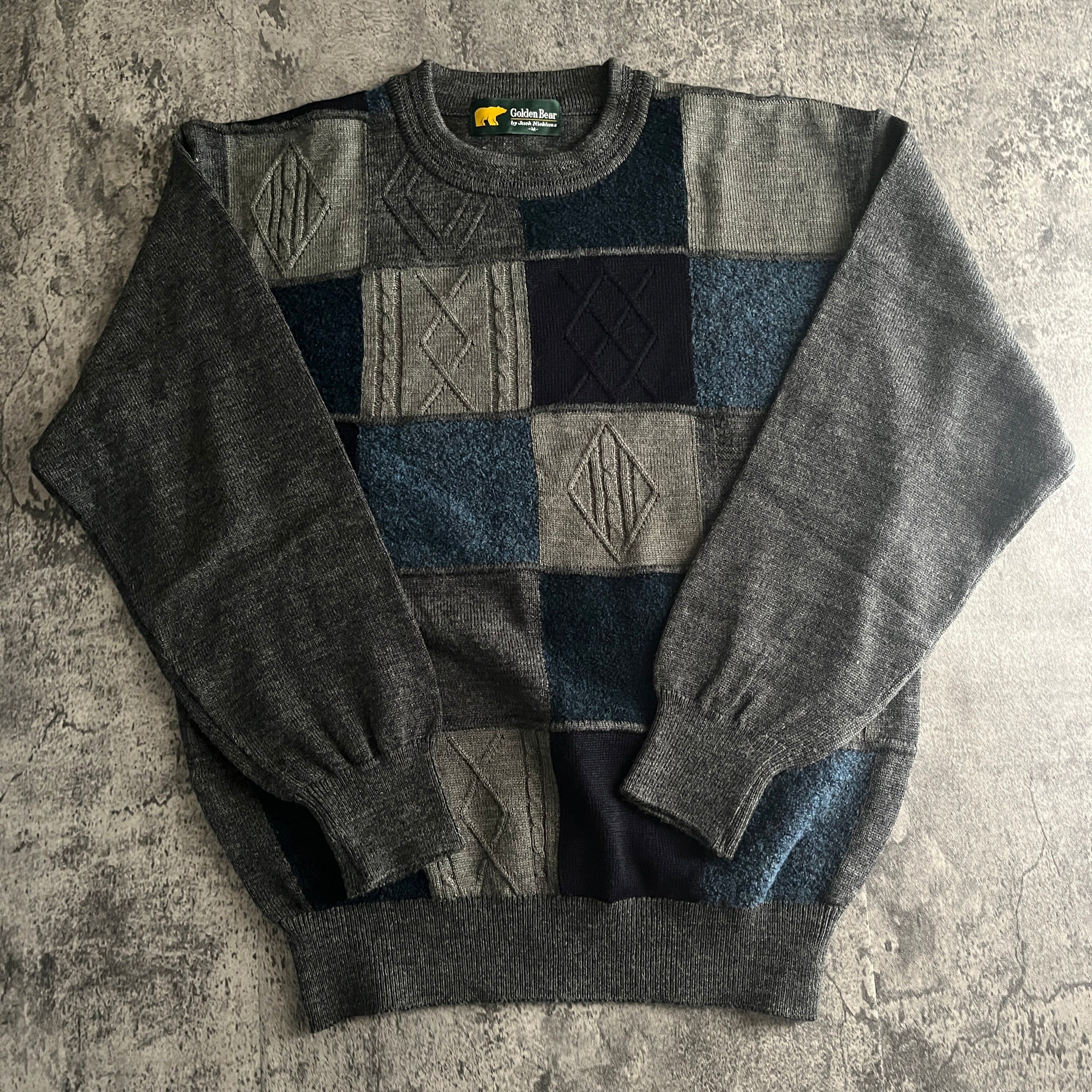 Golden Bear ブルーxグレー 立体縫製 レトロニットセーター – 奇縁